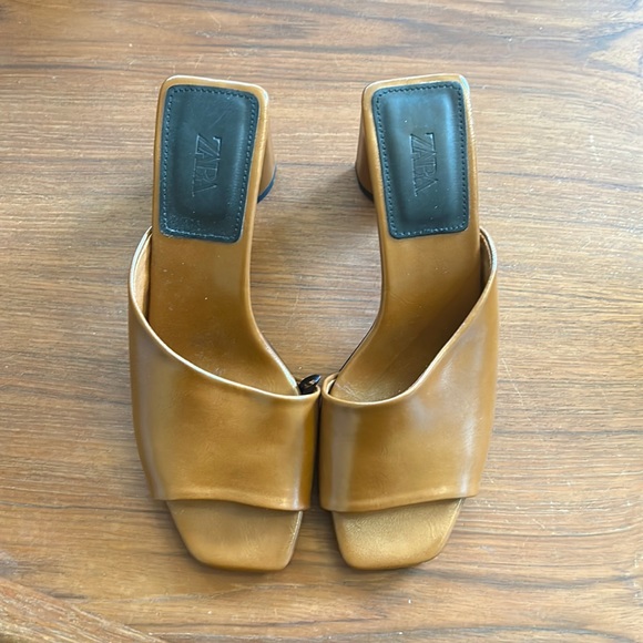 Zara cognac asymmetrical leather block heeled sandals 37 - Picture 3 of 7